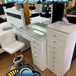 White Vanity Led Lights Diamond Knobs Desk 