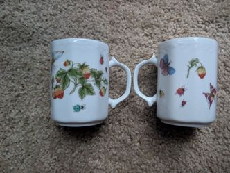 Lenwile Ardalt Strawberries & Butterflies Lunch Plate and 4 cups #6394 Stamped Vintage