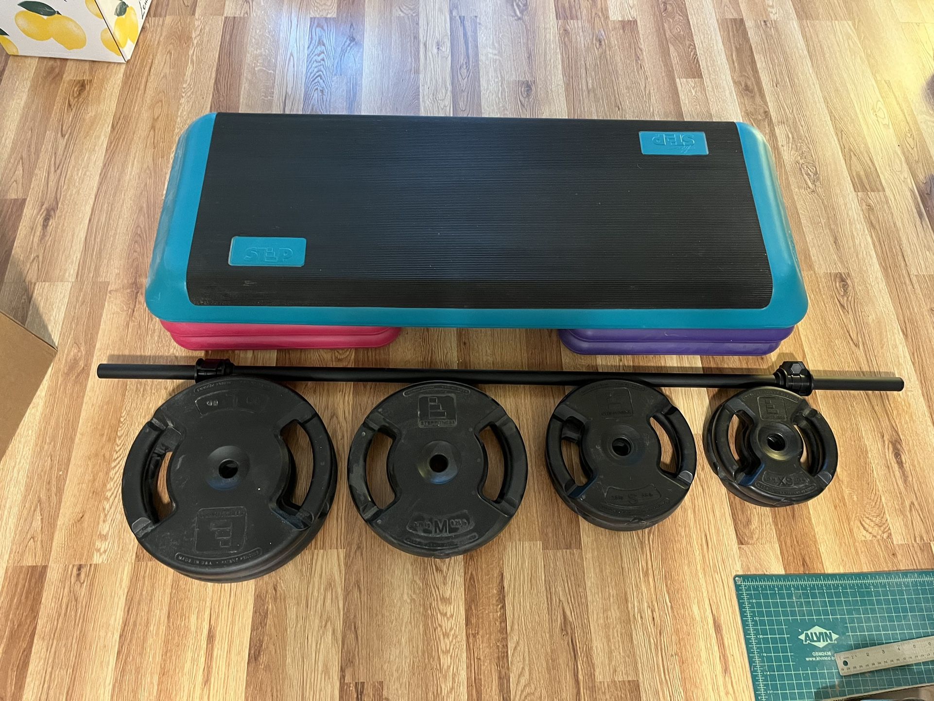 Work Out Bundle Barbell, Weights, Fitness Step