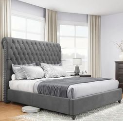 Brand new gray king bed ( mattress sold separately)