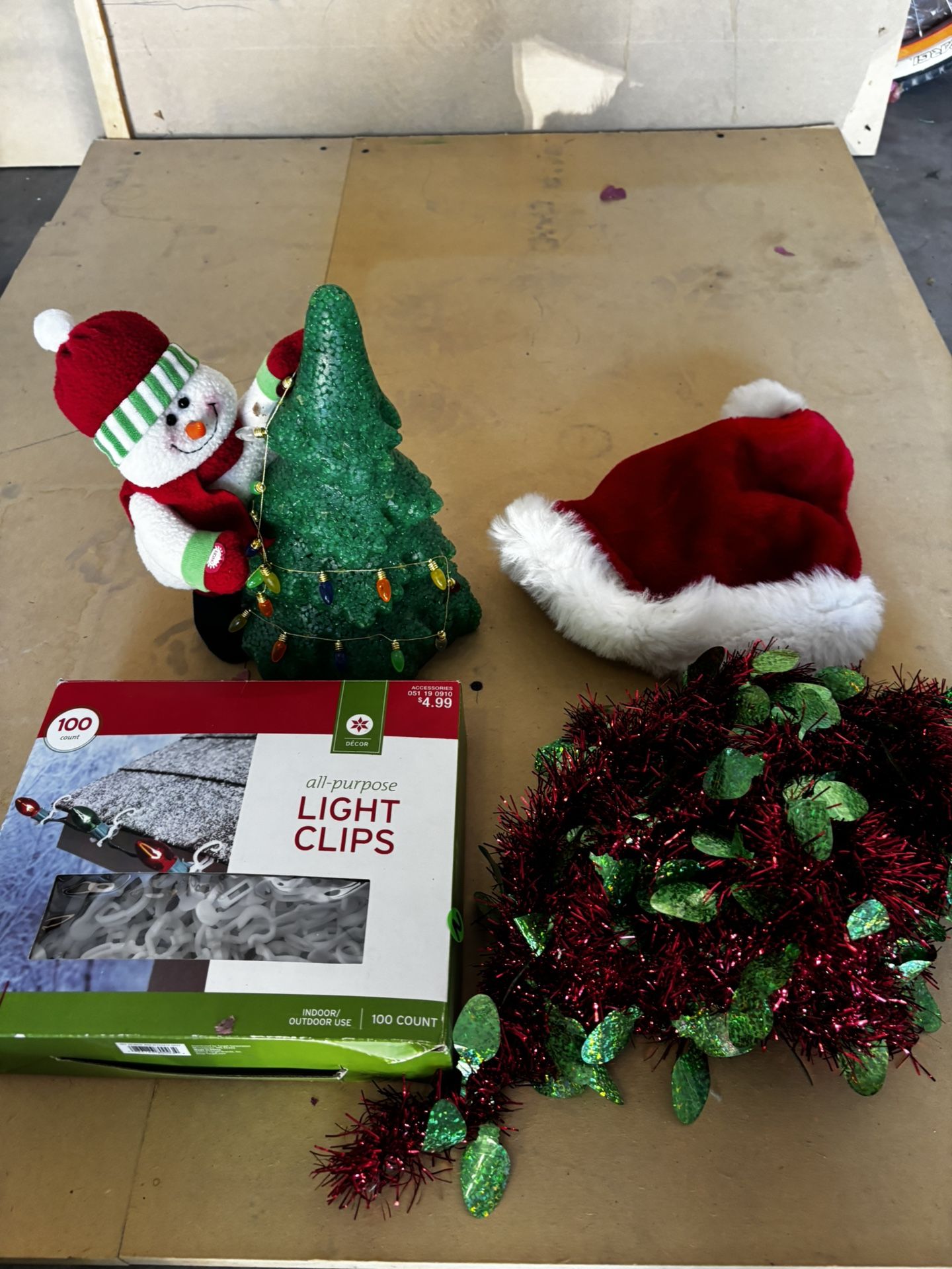 Christmas Items: Christmas hat, Christmas card holder, Christmas light clips