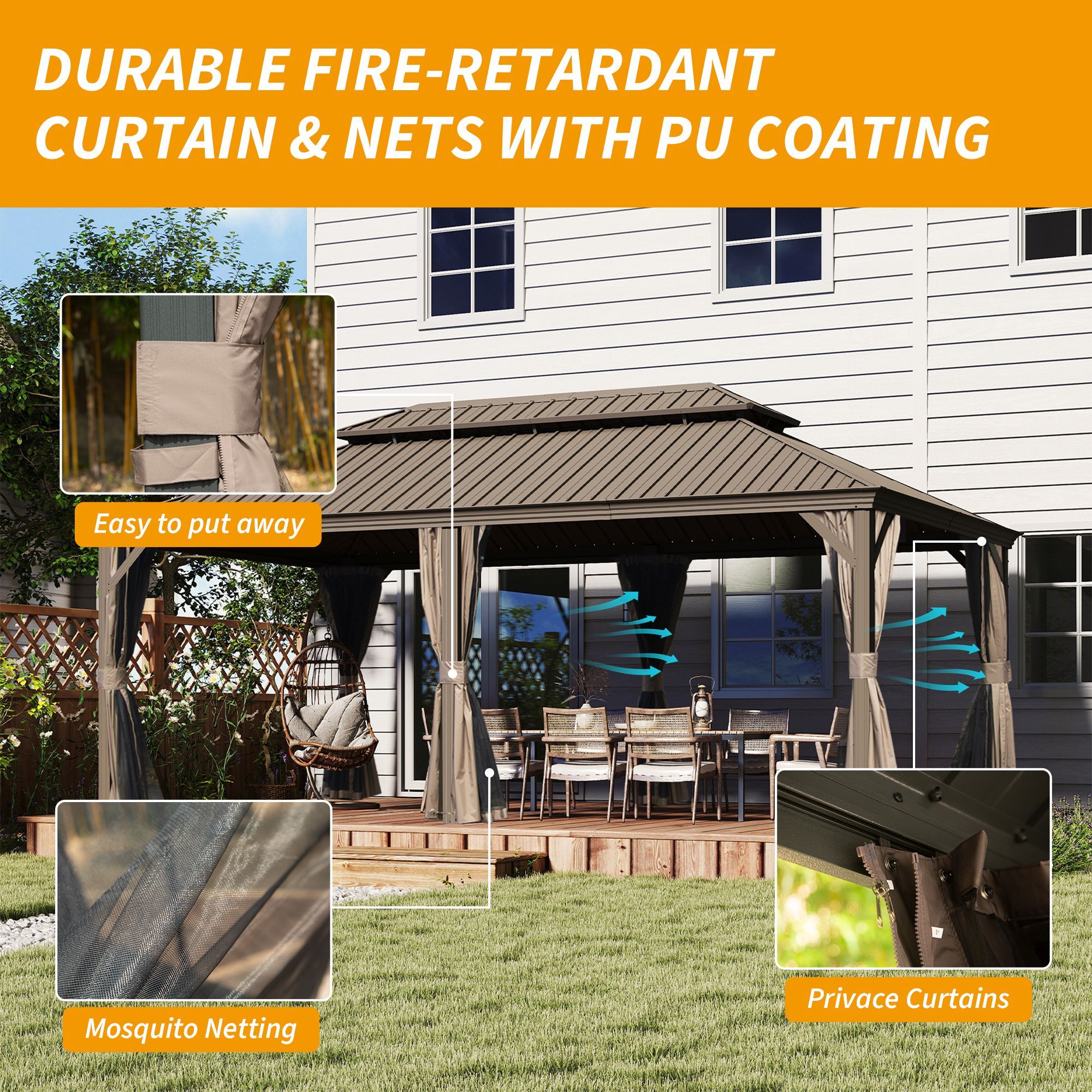 14' X 20' Hardtop Gazebo, Upgraded Metal Gazebo with Drainage System, Dual-Layer Galvanized Steel Roof, Curtain and Netting, Outdoor Shelter Canopy fo