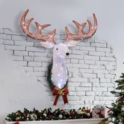 Christmas Outdoor Decoration, Reindeer Head Wall Decor,Xmas Rudolph Reindeer Hanging Wreath with Operated 8 Modes, Creating a Unique Atmosphere for Th