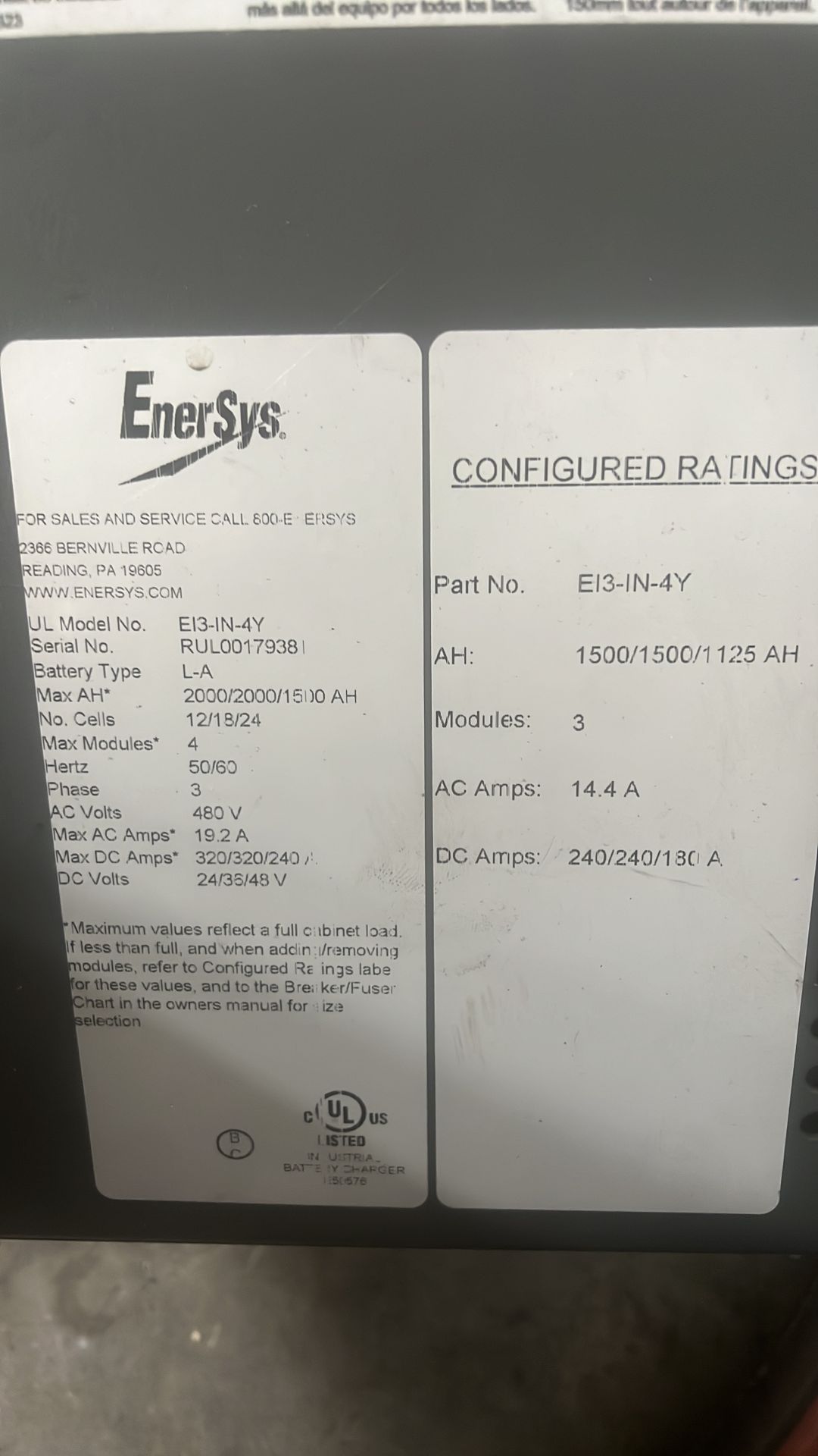 EnerSys EI3-HL-4Y Impaq Ironclad Lead Acid Forklift Battery Charger 480V 3Phase