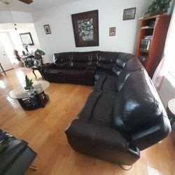 Leather Couch W/Power Recliners & Table