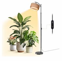 Adjustable Indoor Plant Grow Light Floor Lamp – Boho Rattan & Fabric Shade, Full Spectrum LED