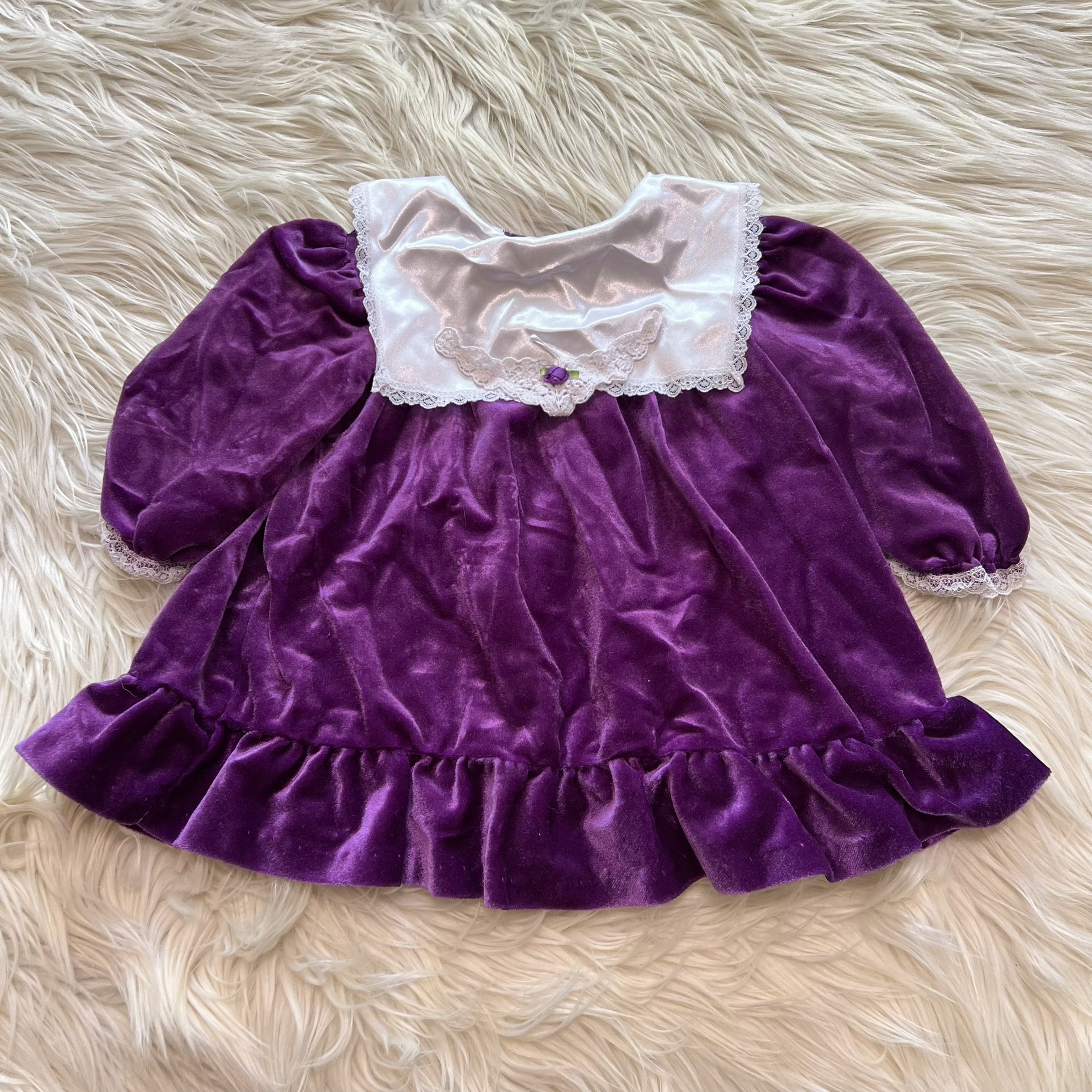 Vintage 80s Allison Ann Purple Velour Dress Lace Prairie Collar Girls 24 Months