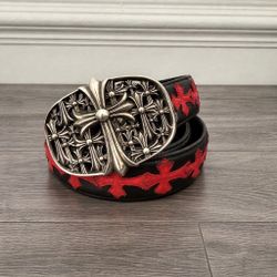 Chrome belt cross red silver