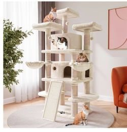 O285 $70 68 Inches Multi-Level Cat Tree Tower with Condo, Plush Perches, Scratching Posts, Hammocks, and Play House, Beige Style Color Beige Style M