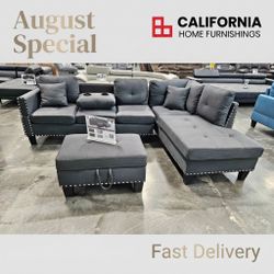 3-Piece Charcoal Linen-Like Sectional Sofa Set w/ Storage Ottoman