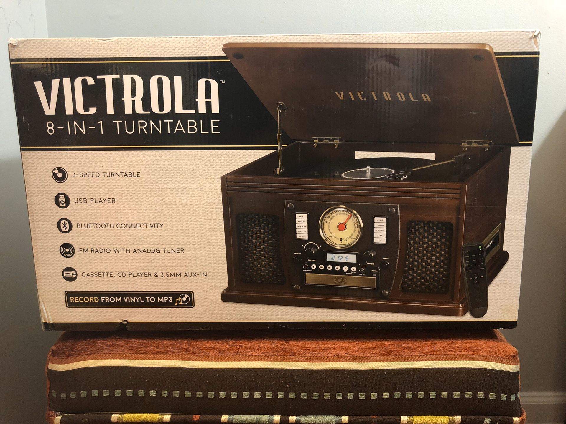 Victrola Wood 8-in-1 Bluetooth Record Player with USB Encoding and 3-speed Turntable