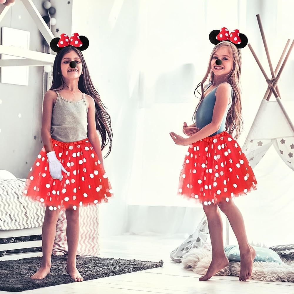 4PCS Mouse Costume Accessories, Mouse Costume Adult Women Girls Mouse Costume Kit Red Polka Dot Tutu Mouse Ears Headband Nose for Halloween