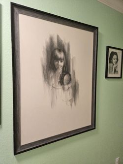 Large Framed Charcoal Print Young Girl And Doll