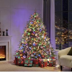 7.5ft Full Christmas Tree with 1000 Multicolored LED Lights & 1821 Unique Forked Tips,Hinged Tree for Garden,Office,Pre-lit Artificial Christmas Tree 
