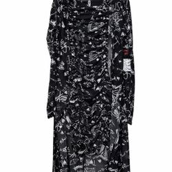 Black printed ruched midi dress with long sleeves