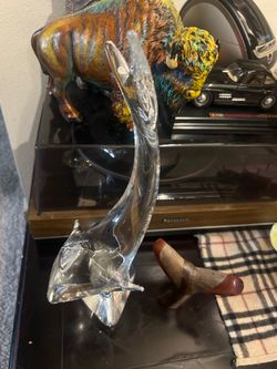 Vintage Crystal Shark or Dolphin Figurine Kristaluxus + Wood Tail Decor