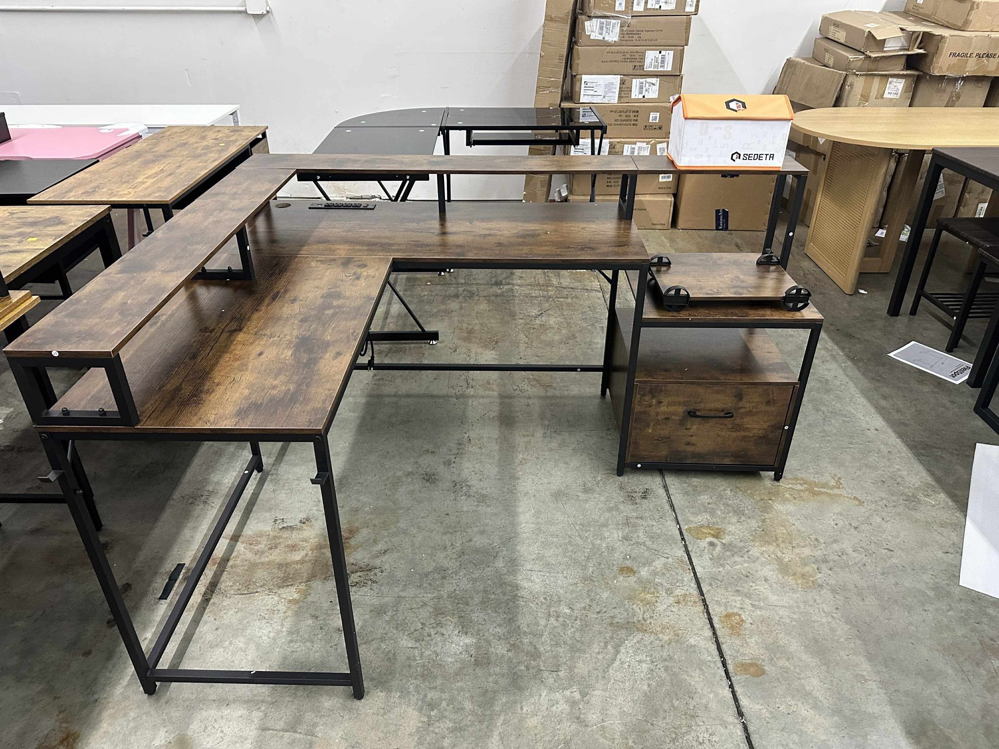 L Shaped Office Desk, 66" Corner L Shaped Computer Desk with File Drawer & Power Outlet(little crack)