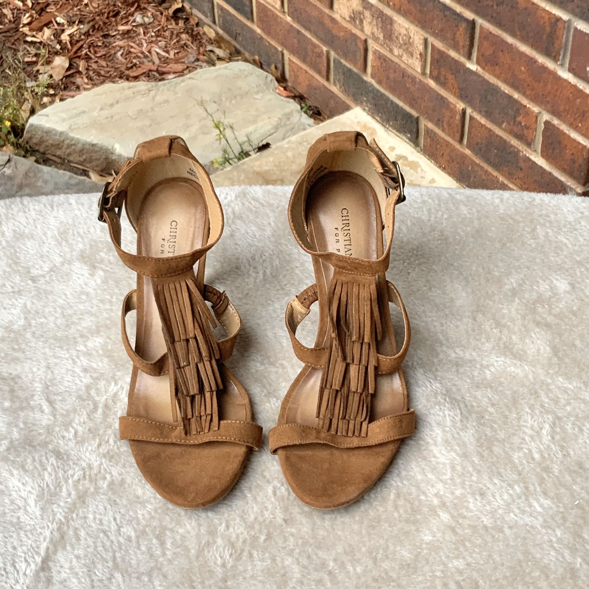 Christian Siriano for Payless Rust Ankle Strap Heels w Fringe Wm 6.5