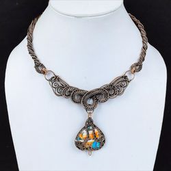 Spiny Oyster Turquoise Copper  Wire Wrapped Chain Necklace 18.0"