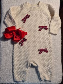 Carter's, Cream Knit Baby Girl Romper with Plaid Bows, 3 Mo