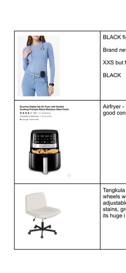 Under scrub top, air fryer, chair