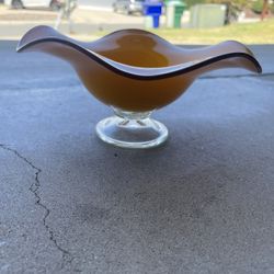 Teleflora Hand Blown Bright Orange/Gold Compote Vase Bowl Dish 80"s Ruffled Fall