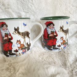 Pair Vintage 1991 POTPOURRI PRESS Forest Friends SANTA Ceramic Mug Animals