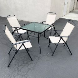 New in box $100 Outdoor 5 Piece Patio Set (32x32” Table and 4pc Folding Chairs) Garden Furniture