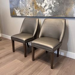 Pair of Pewter Silver Parson Chairs With Silver Nailhead Trim and Solid Wood Flared Legs