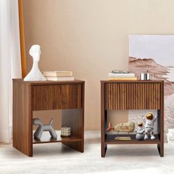 Mid Century Modern Night Stand Set 2 with Drawer, Farmhouse Nightstand for Bedroom, Small End Table