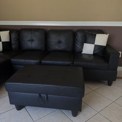 Beautiful Black Leather Right Chaise with Ottoman 