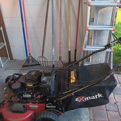 30" Commerical Self-propelled mower w/ assortment of outdoor tools and ladder