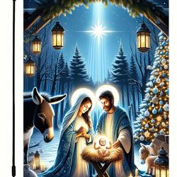Christmas Garden Flag 12x18 Inches - Nativity Scene with Holy Family and Star of Bethlehem, Double-Sided and Weatherproof Religious Outdoor Decoration