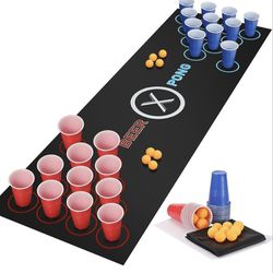 71 × 23in Beer Pong Table Mat, Beer Pong Set for Drinking Games, 14 × Beer Pong Balls, 24 × Reusable Plastic Beer Pong Cups, Party Festivals Fun Drink