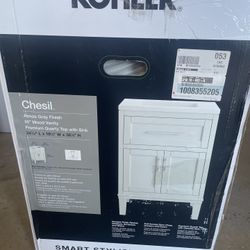 KOHLER Chesil 24in. Single Sink Freestanding Atmos Grey Bath Vanity with Bianco Bella Quartz Top Assembled