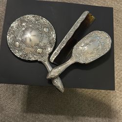 Silver Chrome Vanity Set. Brush Comb Mirror.  