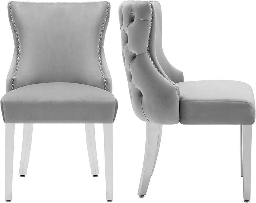Velvet Dining Chairs Set of 2, Upholstered Tufted Backrest Dining Room Chairs, Luxurious Dining Chairs with Stainless Steel Legs, Grey  Col