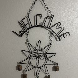 Handcrafted Metal Sun Welcome Sign Wind Chime with Cowbells 