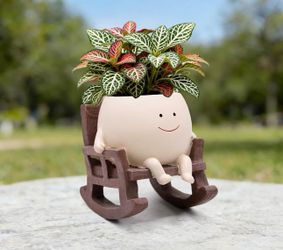 Smile Face Rocking Chair Planter Pot for Indoor Outdoor Plants, Unique Sit Rocking Chair Succulent Flower Pots, Cute Head Planters with Drainage Hole