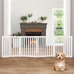 Wooden Freestanding Pet Gate, 4 Panel 24 Inch Step Over Fence, Expands Up to 80" Wide, Foldable Indoor Dog Gate Puppy Safety Fence, White. 282 T94122 