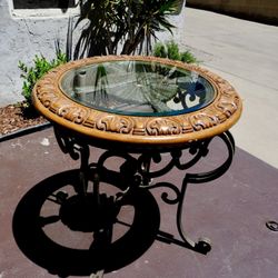 Vintage Wrought Iron & Glass Coffee Table – Ornate Carved Wood Rim