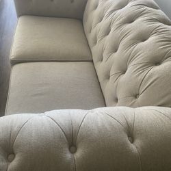 Chesterfield Sofa Fabric and Color: Oatmeal, Performance Boucle