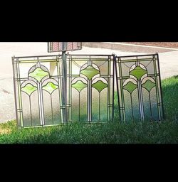 (3) 16" x 24" Handcrafted Ginkgo Style Stained Glass Window Panels