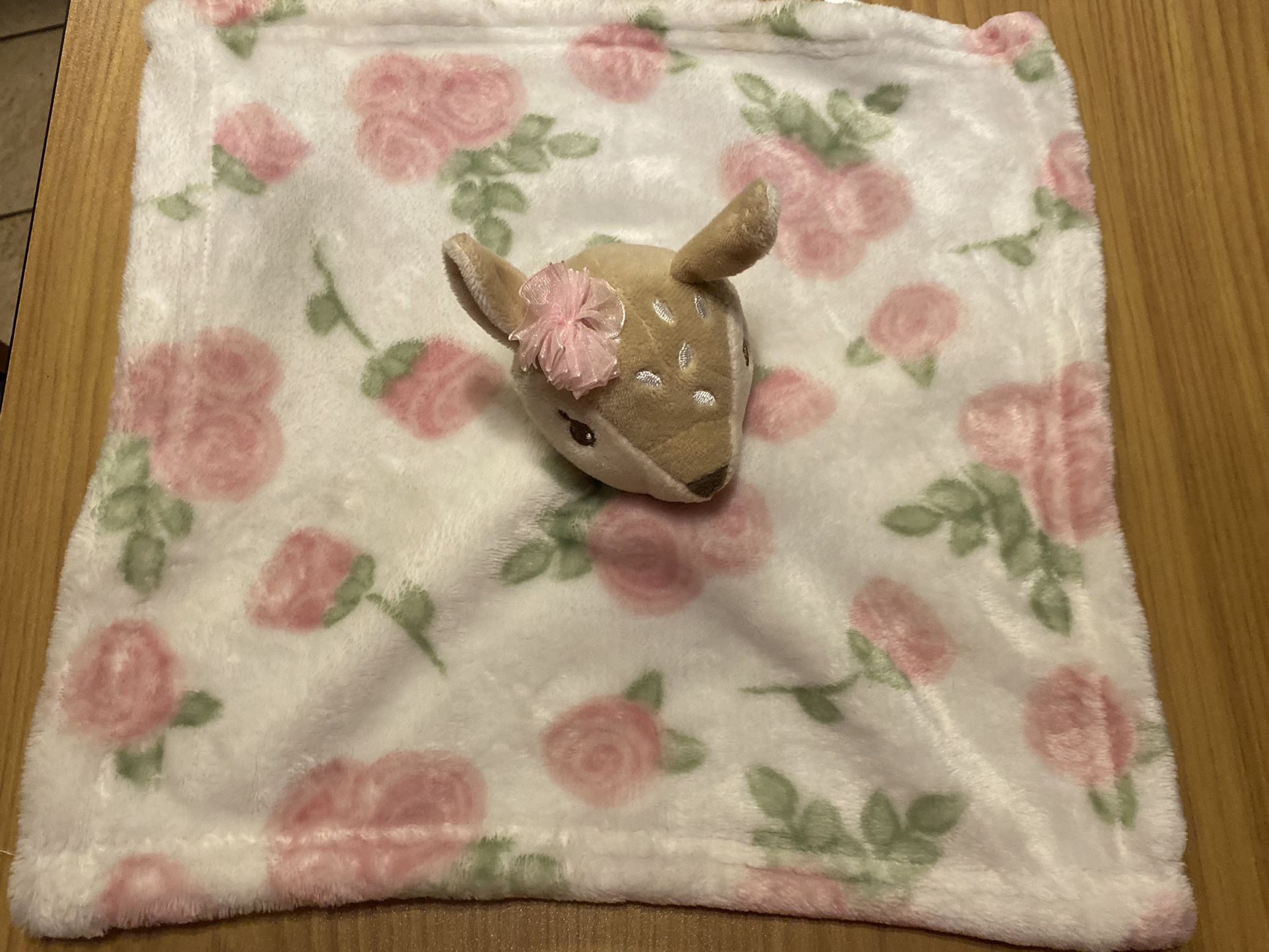 HB Hudson Baby FAWN Deer SECURITY BLANKET White Pink Roses Soft Plush LOVEY EUC