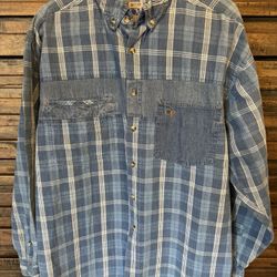 Vintage Checkered Plaid Denim Patch Ocean Pacific Long Sleeve Button Shirt SML