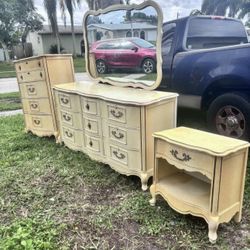 Vintage French Provincial Bedroom Set Dresser With Mirror Upright Chest Nightstand 61”Lx20”Wx33”H Dresser 24”Lx15”Wx24”H Nightstand  34.5”Lx18”Wx47”H 