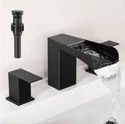 3134: 8 Inch Square Matte Black Widespread Bathroom Sink Faucets 3 Hole, Stainless Steel Waterfall Bathroom Faucet with Pop Up Drain and cUPC Supply L