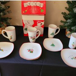 Fitz & Floyd Latte Mug & Plate Set Christmas Holiday Gourmet Porcelain 8 Pc Set