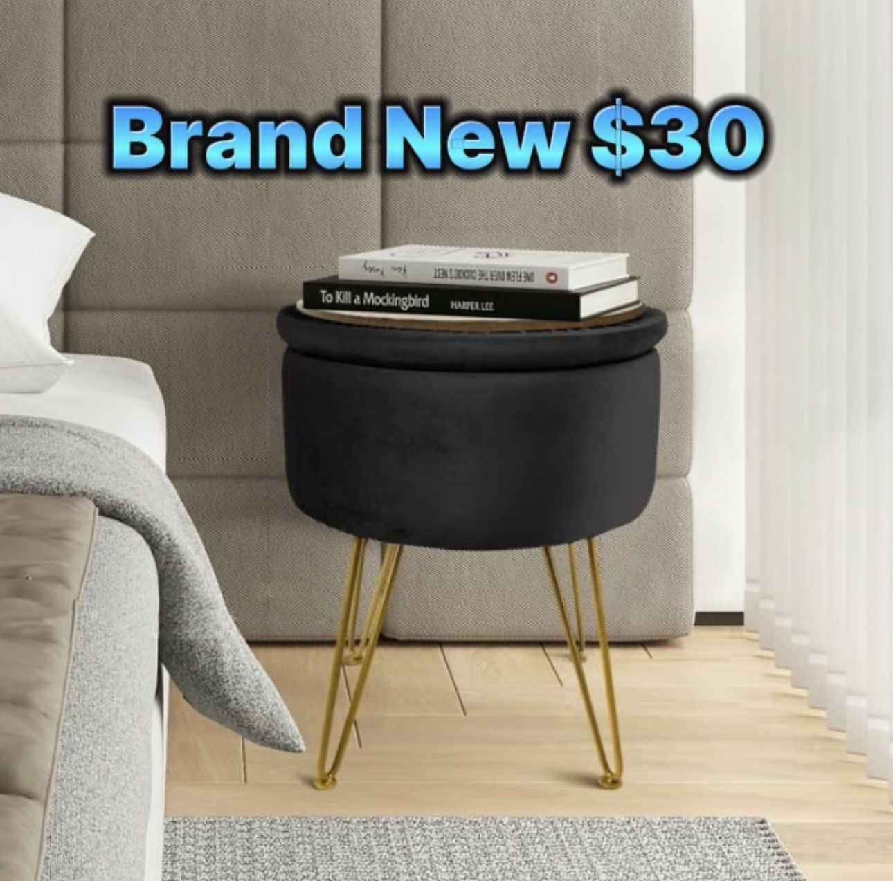 Black Velvet 2 In 1 Stool & Side Table Flippable Top Storage Space Inside Brand New In Box π¦