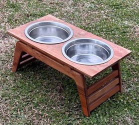 Wood Dog Double Bowl Feeder Mid Century Style Can Also Be Used As Plant Stand
